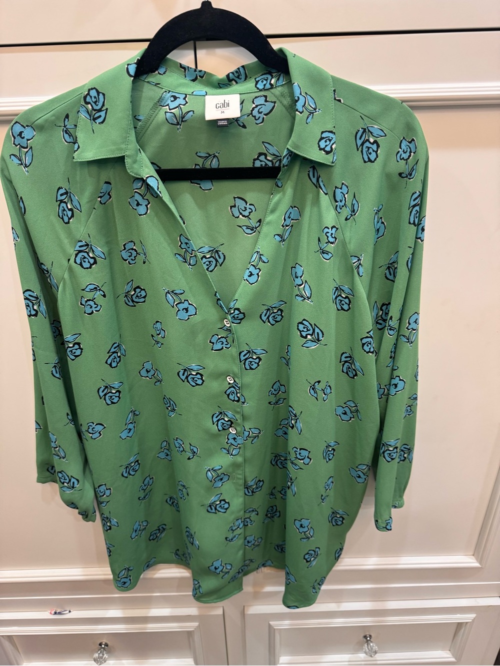 CAbi Green Button-Down Shirt with Blue Floral Print